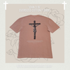 Oversized cotton t-shirt with a crucifixion graphic and 'John 3:16' text on a beige background.