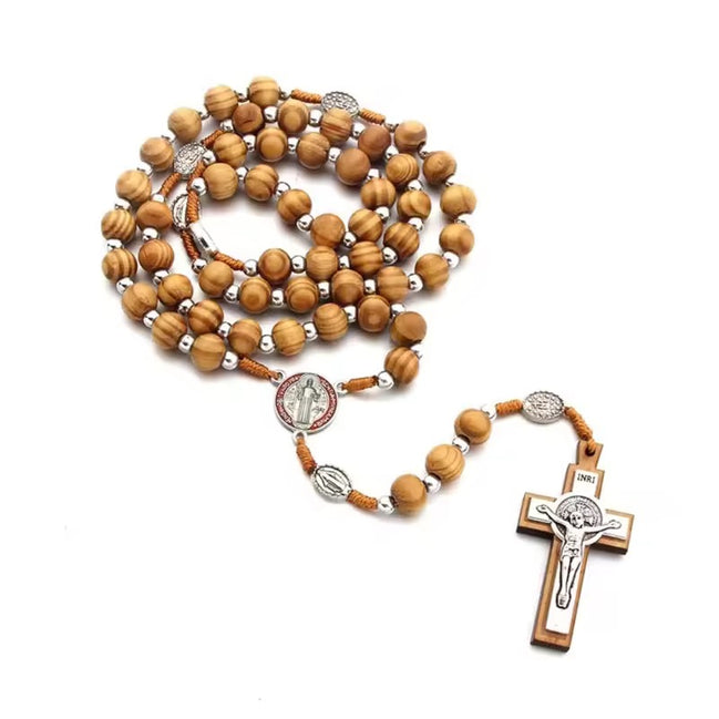 Wooden rosary with st benedict and Jesus crucifix