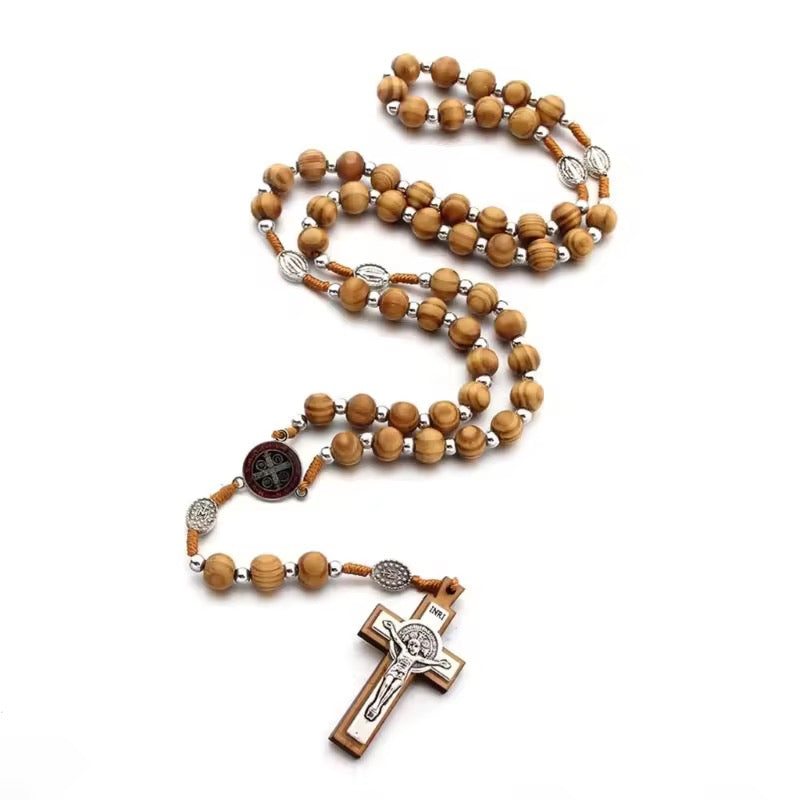 Wooden rosary with st benedict and Jesus crucifix