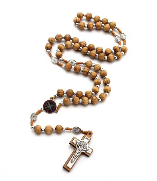 Wooden rosary with st benedict and Jesus crucifix