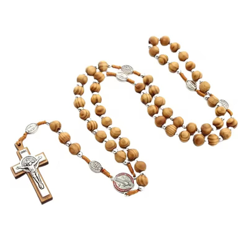 Wooden rosary with st benedict and Jesus crucifix