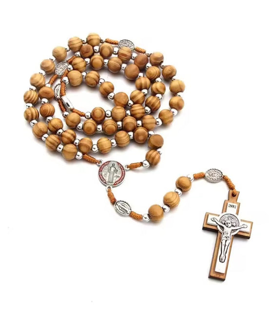 Wooden rosary with st benedict and Jesus crucifix