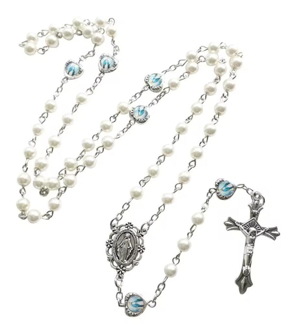 Catholic charm rosary with pearl beads and blue Marian hearts