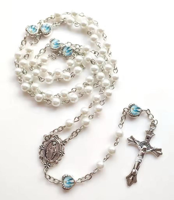 Catholic charm rosary with pearl beads and Marian heart charms