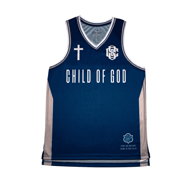 Navy blue basketball jersey with 'Child of God' text on a white background