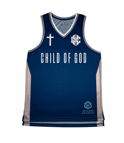 Navy blue basketball jersey with 'Child of God' text on a white background