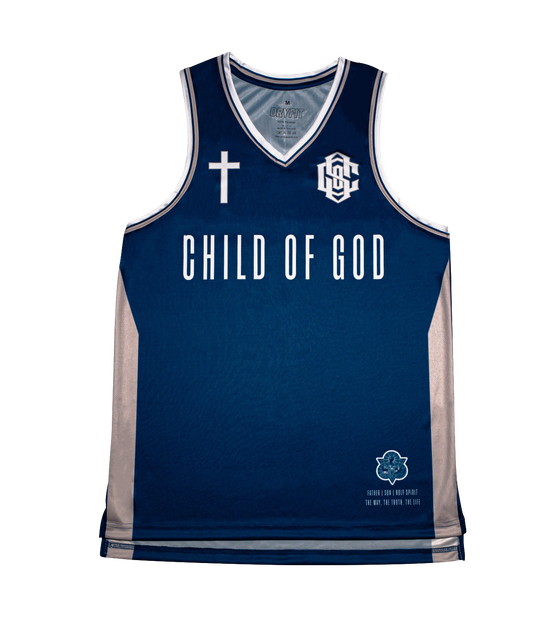 Navy blue basketball jersey with 'Child of God' text on a white background