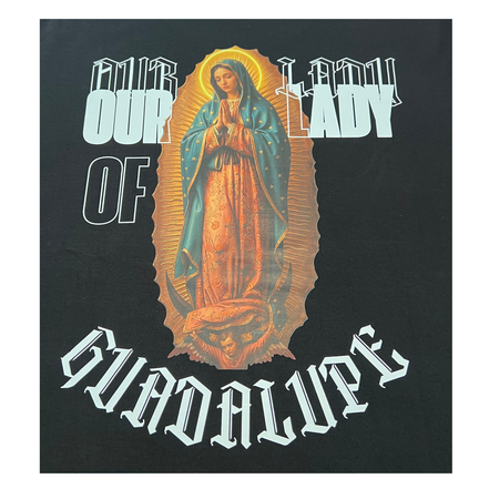 Black t-shirt with an image of Our Lady of Guadalupe