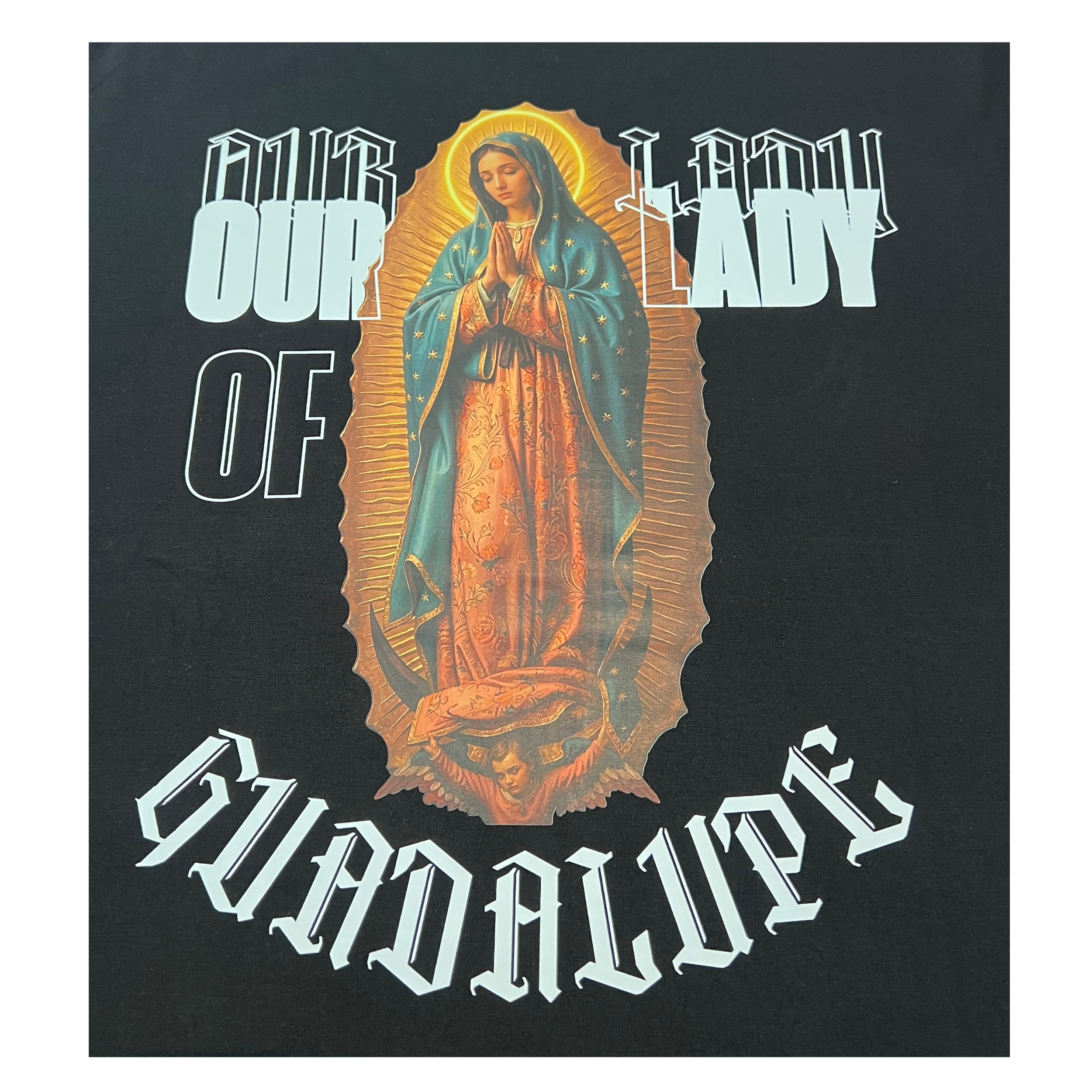 Black t-shirt with an image of Our Lady of Guadalupe