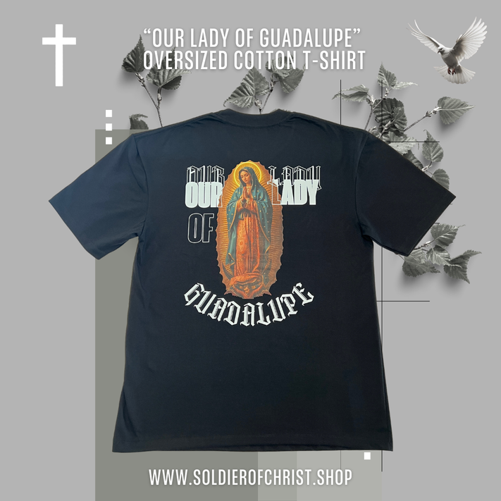 Black t-shirt with 'Our Lady of Guadalupe' design with white scripture