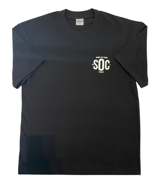 Black t-shirt with soldier of christ logo